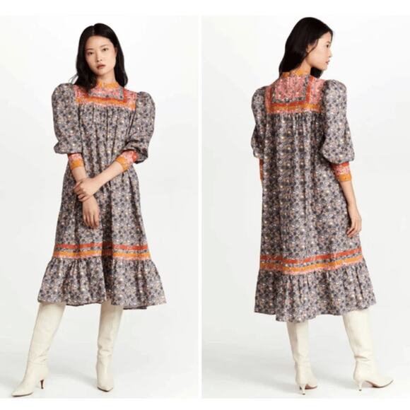 CeliaB Dresses & Skirts - CeliaB Papyrus Gray Floral Cotton Midi Dress Puff Sleeve Boho Cottagecore Size S